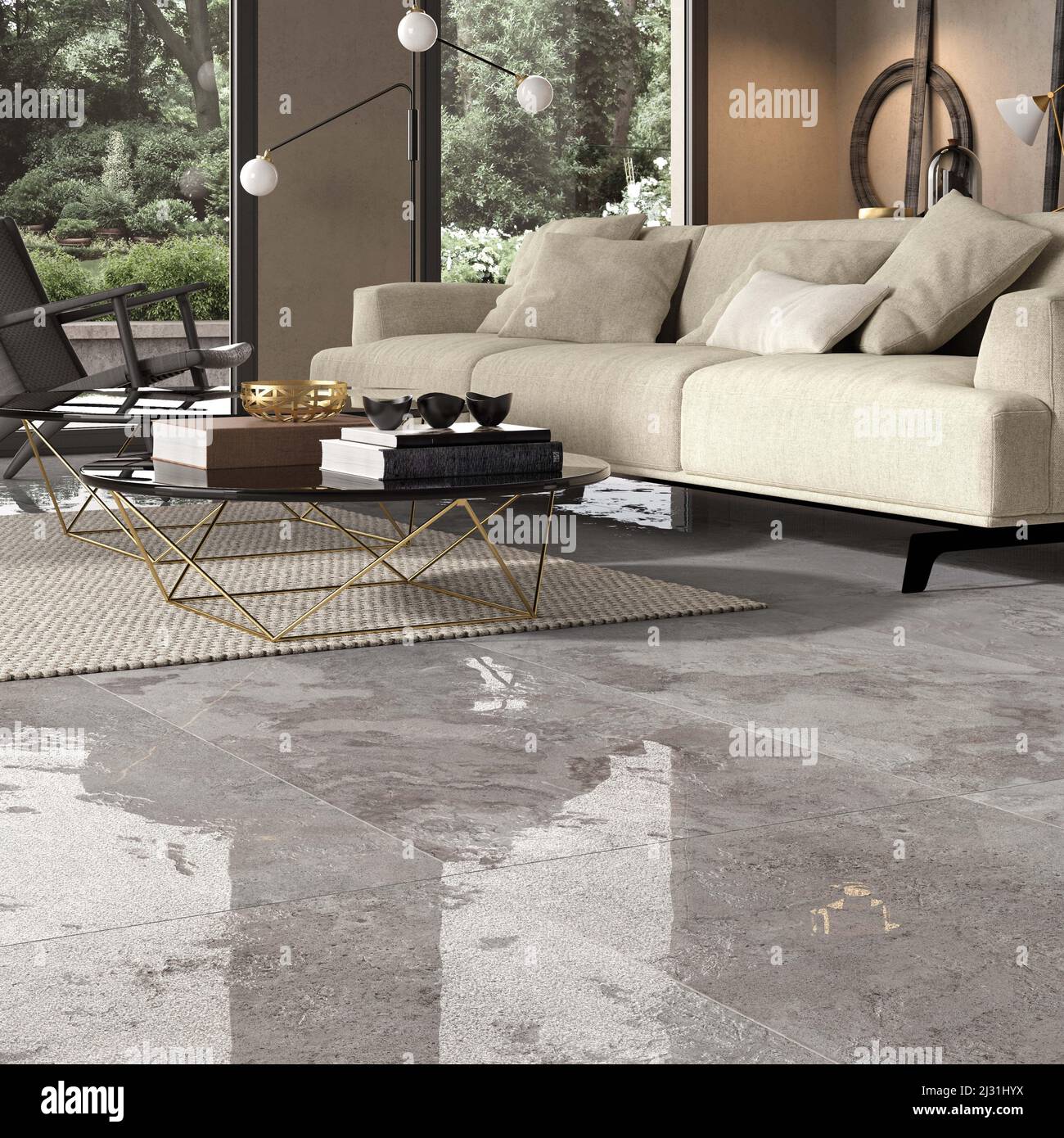 Modern interior design of room with elegant gray tiles, seamless