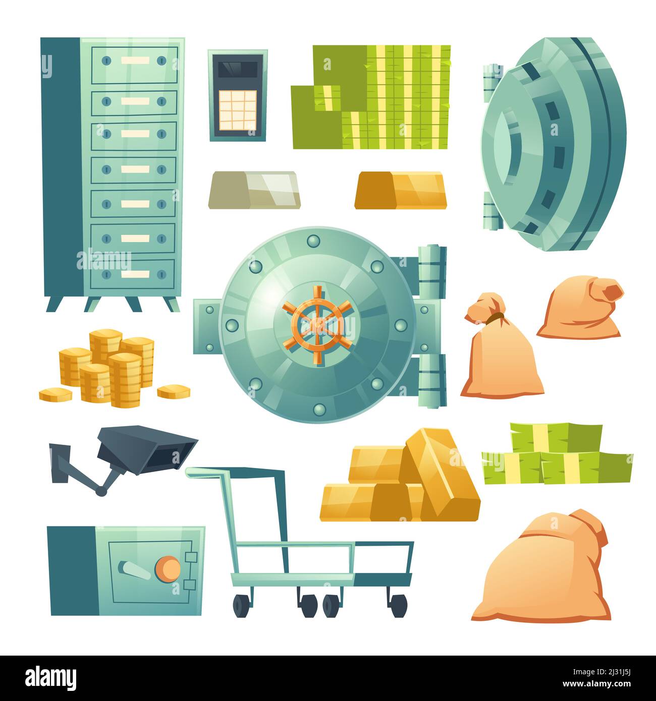Money cash in bank vault. Vector cartoon icons set of deposit safe boxes, round metal doors, dollar banknotes and coins, gold ingots and push cart. Fi Stock Vector