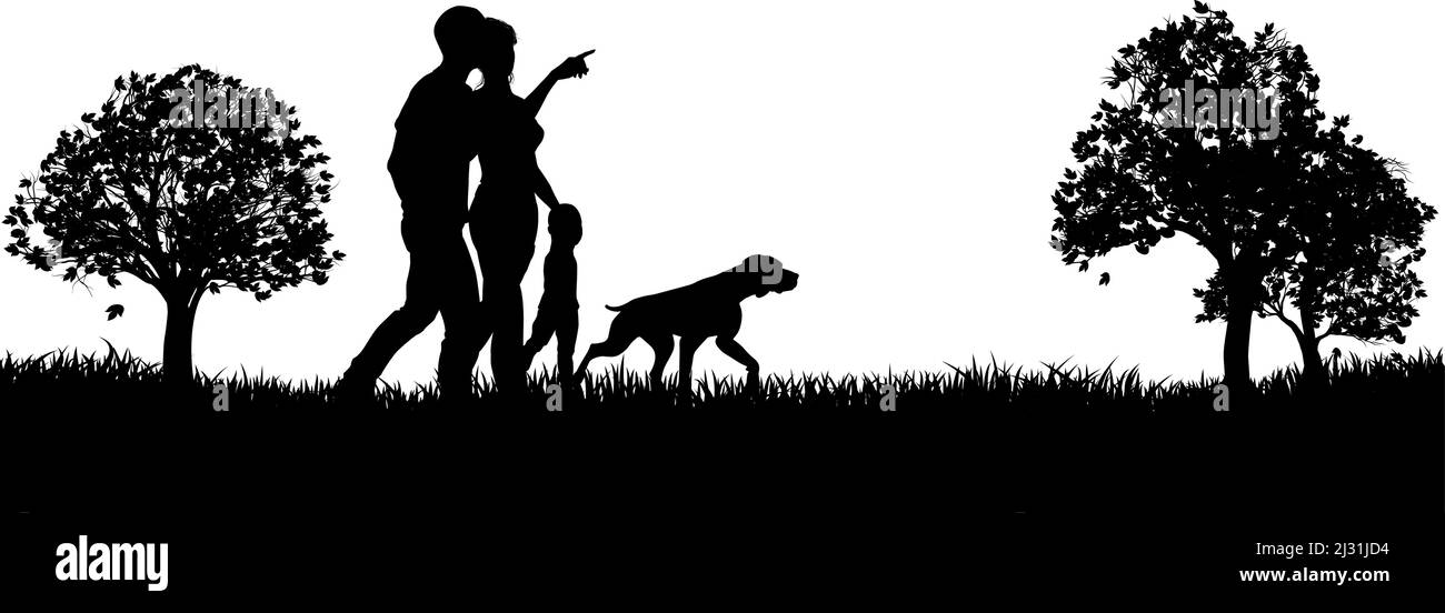 Silhouette Family People Walking Dog Park Outdoors Stock Vector