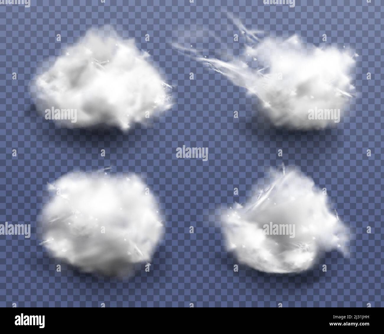 Realistic cotton wool, clouds or wadding balls set isolated on transparent background. Smooth soft pieces of white fluffy material, pure fiber close u Stock Vector