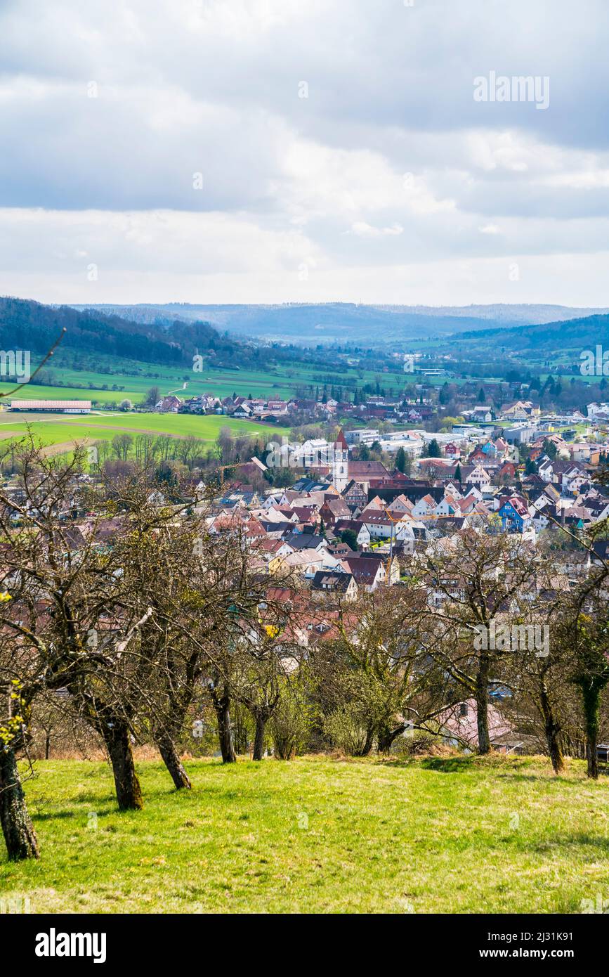 Germany, Rudersberg city houses and church tower in beautiful nature landscape of wieslauftal, aerial view above the roofs in springtime Stock Photo