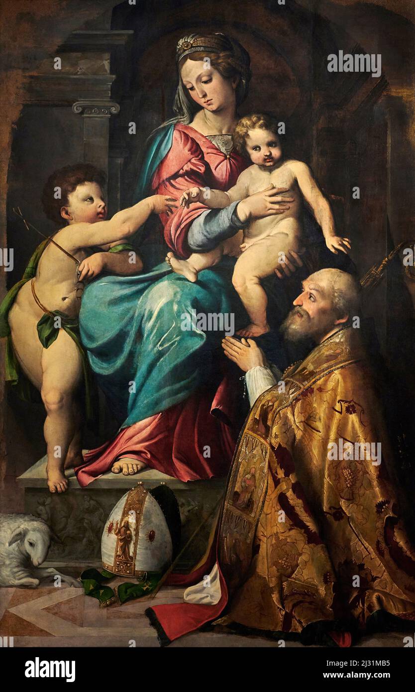 Madonna with Child St. John child  and St.Nicholas of Bari  i - oil on canvas  - Altobello Melone  - seconf half of 15th century  - Cremona, Italy, Ci Stock Photo