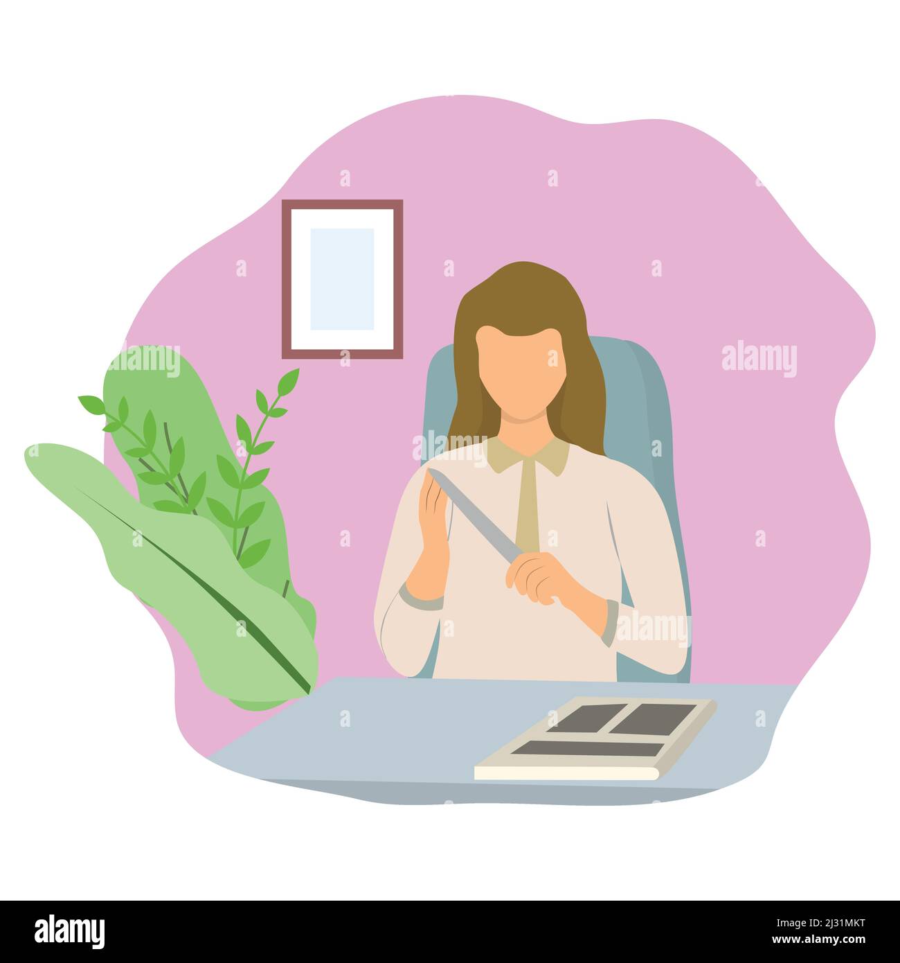 Young woman sitting on the table and reading book and document. Vector ...
