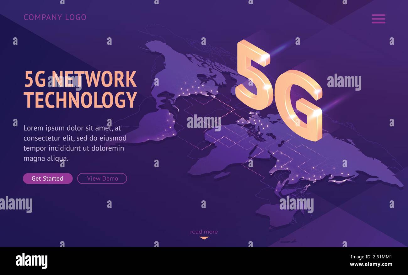 5g network technology isometric landing page. Worldwide wireless mobile telecommunication new generation cell service, internet high-speed connection, Stock Vector