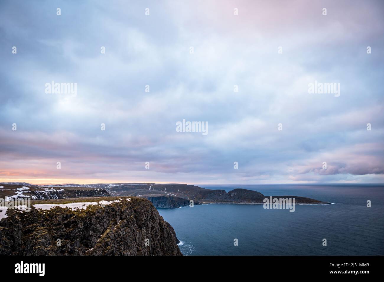 View of Knivskjellodden, northernmost point of Europe, North Cape, Arctic Ocean, Barents Sea, Norway, Europe Stock Photo