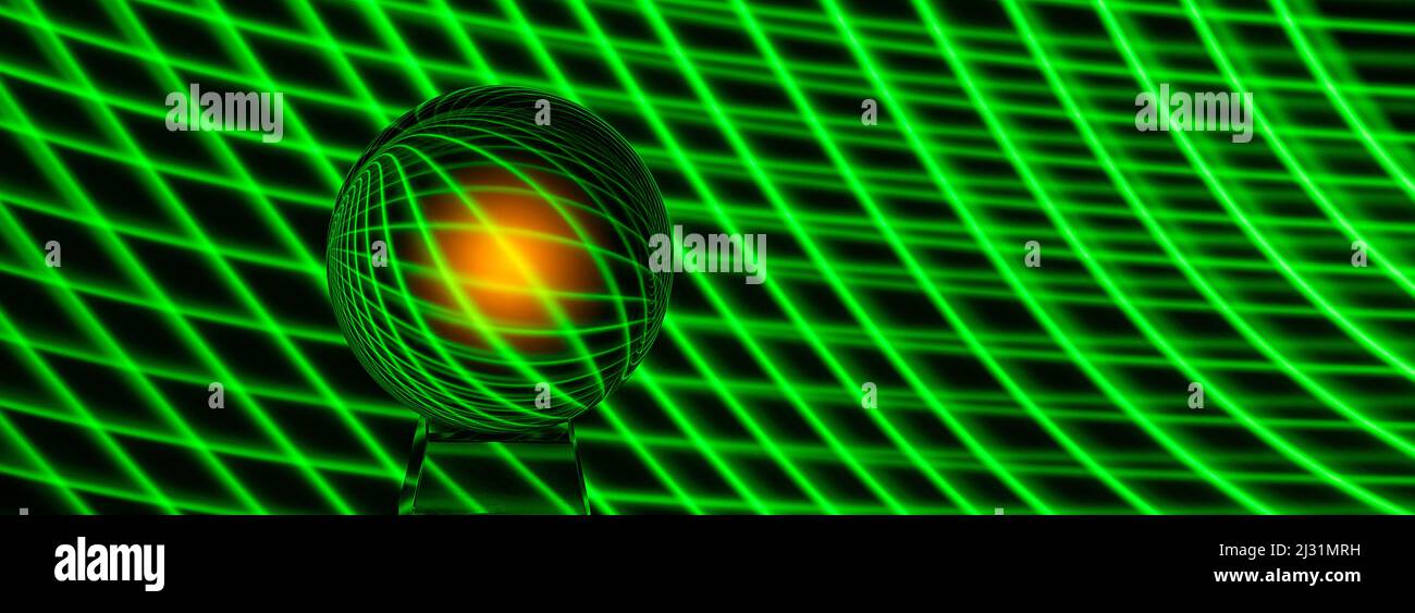 A clear sphere with green lines produced by light painting. the inner part of the spare has an orange glow Stock Photo