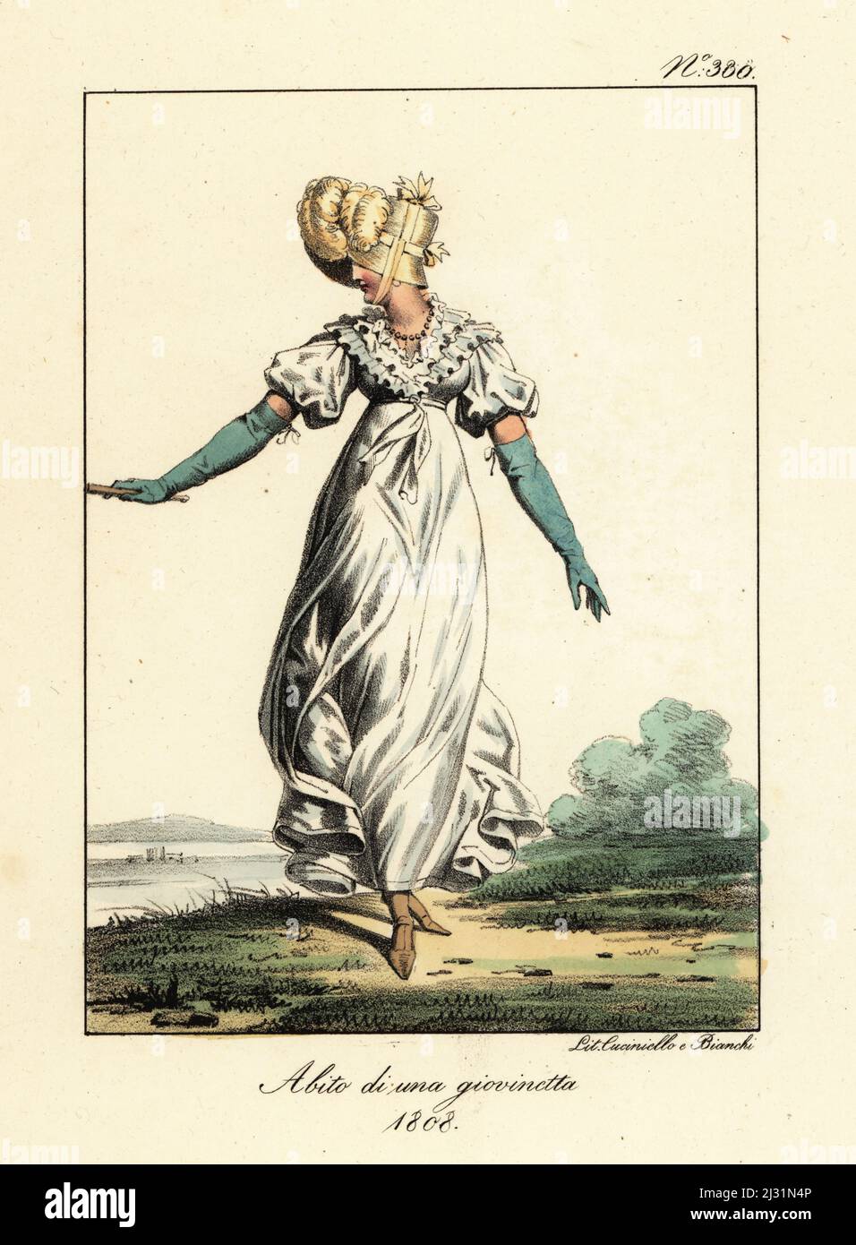 Costume of a young woman, First Empire, France. In plumed bonnet, gown with ruched sleeves and frilled collar, long gloves. Costume d'une Jeune Dame. 1808. Handcoloured lithograph by Lorenzo Bianchi and Domenico Cuciniello after Hippolyte Lecomte from Costumi civili e militari della monarchia francese dal 1200 al 1820, Naples, 1825. Italian edition of Lecomte’s Civilian and military costumes of the French monarchy from 1200 to 1820. Stock Photo