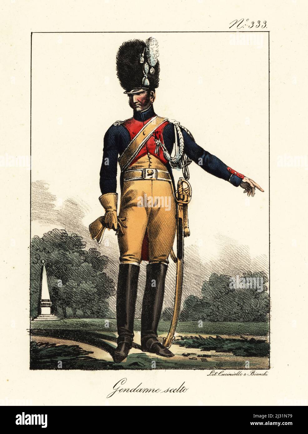 Uniform of the French Elite Gendarmes cavalry regiment, Napoleonic era. In plumed bearskin helmet, blue coat with red lapels, buff breeches, boots, armed with sabre. Gendarme d'Elite, Garde Imperiale. Handcoloured lithograph by Lorenzo Bianchi and Domenico Cuciniello after Hippolyte Lecomte from Costumi civili e militari della monarchia francese dal 1200 al 1820, Naples, 1825. Italian edition of Lecomte’s Civilian and military costumes of the French monarchy from 1200 to 1820. Stock Photo