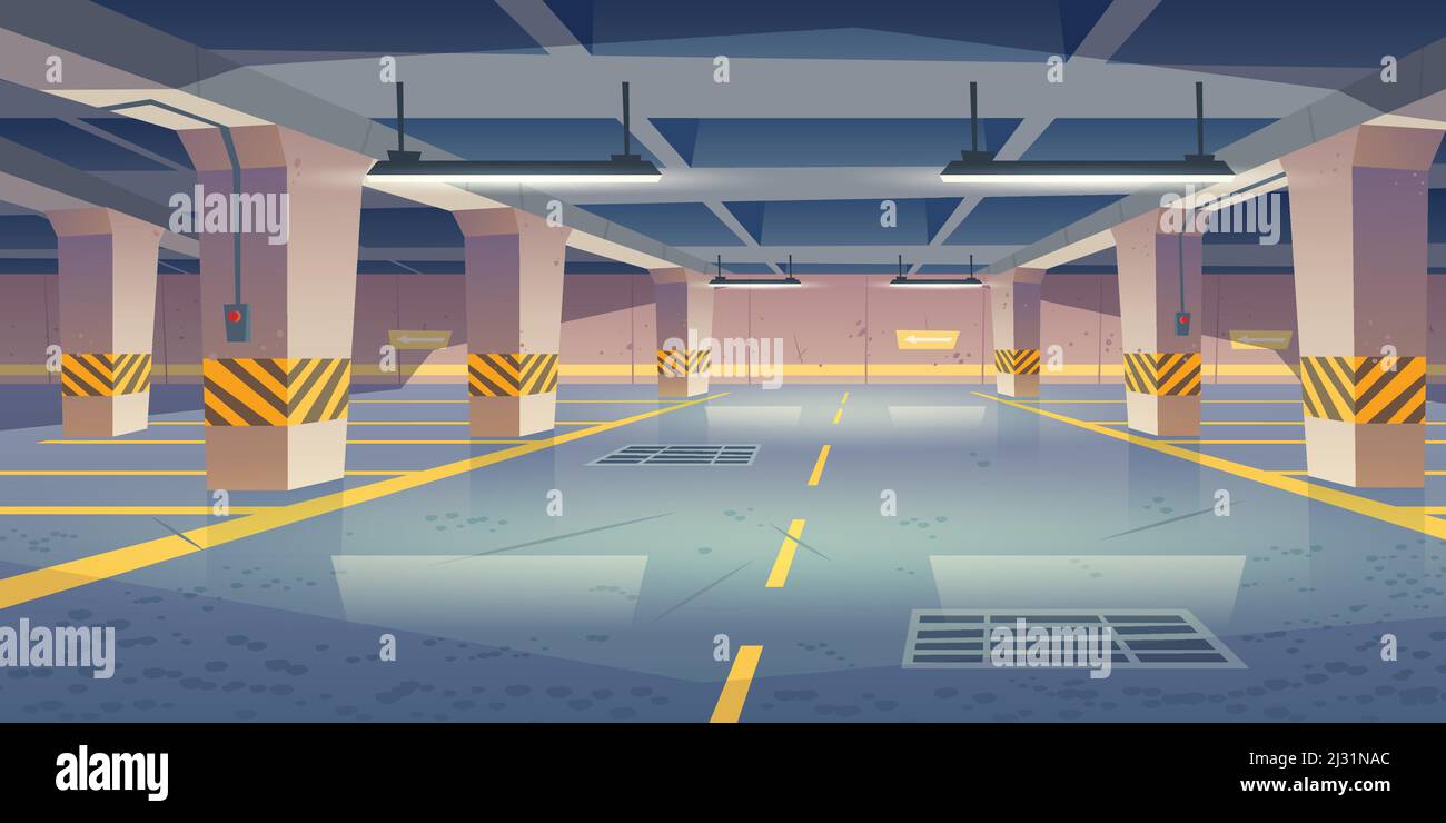 Underground car parking. Vector cartoon interior of empty basement garage with columns, road marking lots for automobiles and guiding arrows on wall. Stock Vector