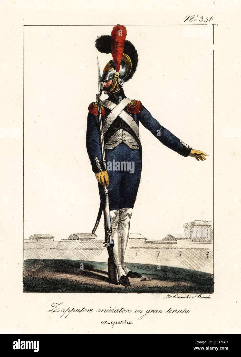 Sapper in full-dress uniform, Napoleon's Army. In dragoon's helmet with plume, blue coat, red and gold epaulettes, breeches, gaiters, musket with bayonet. Sapeur mineur, en Grande tenue, ex-garde. Handcoloured lithograph by Lorenzo Bianchi and Domenico Cuciniello after Hippolyte Lecomte from Costumi civili e militari della monarchia francese dal 1200 al 1820, Naples, 1825. Italian edition of Lecomte’s Civilian and military costumes of the French monarchy from 1200 to 1820. Stock Photo