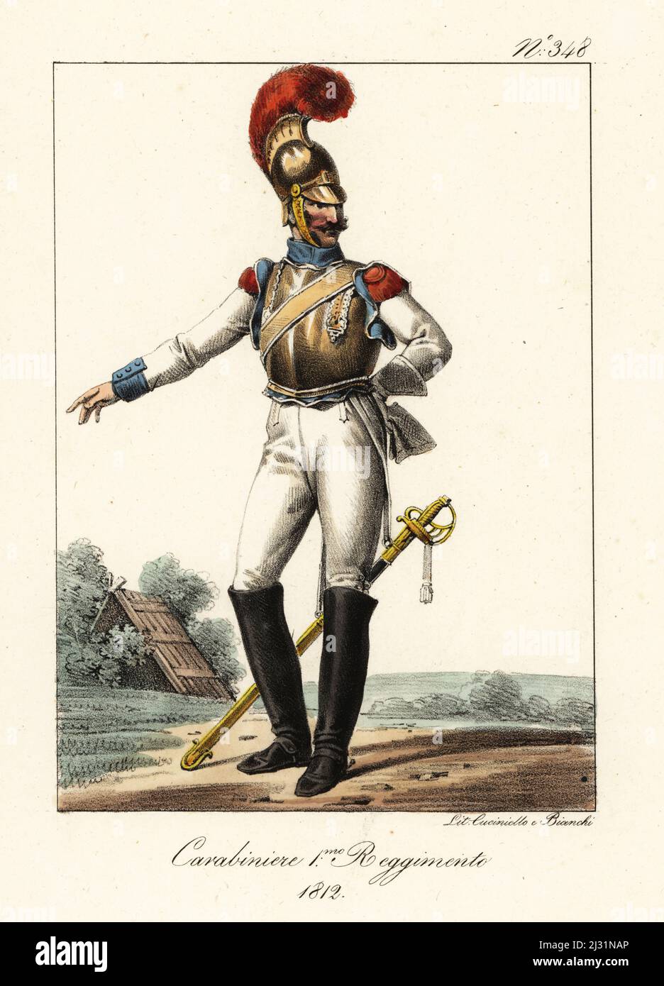 Uniform of the 1st Regiment of Carabiniers-a-Cheval. He wears a copper dragoon's helmet with scarlet chenille, brass breastplate, white uniform, scarlet epaulettes, blue cuffs, boots, and sabre. Carabinier 1er Regiment, 1812. Handcoloured lithograph by Lorenzo Bianchi and Domenico Cuciniello after Hippolyte Lecomte from Costumi civili e militari della monarchia francese dal 1200 al 1820, Naples, 1825. Italian edition of Lecomte’s Civilian and military costumes of the French monarchy from 1200 to 1820. Stock Photo