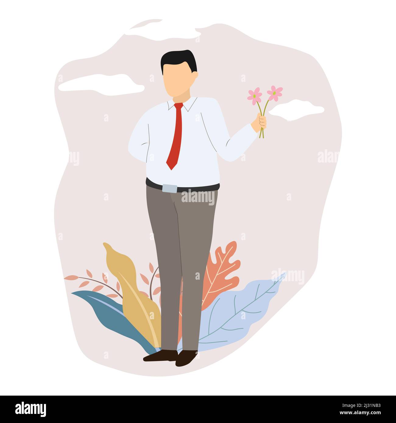 Young man with flowers on a romantic date. vector illustration Stock ...