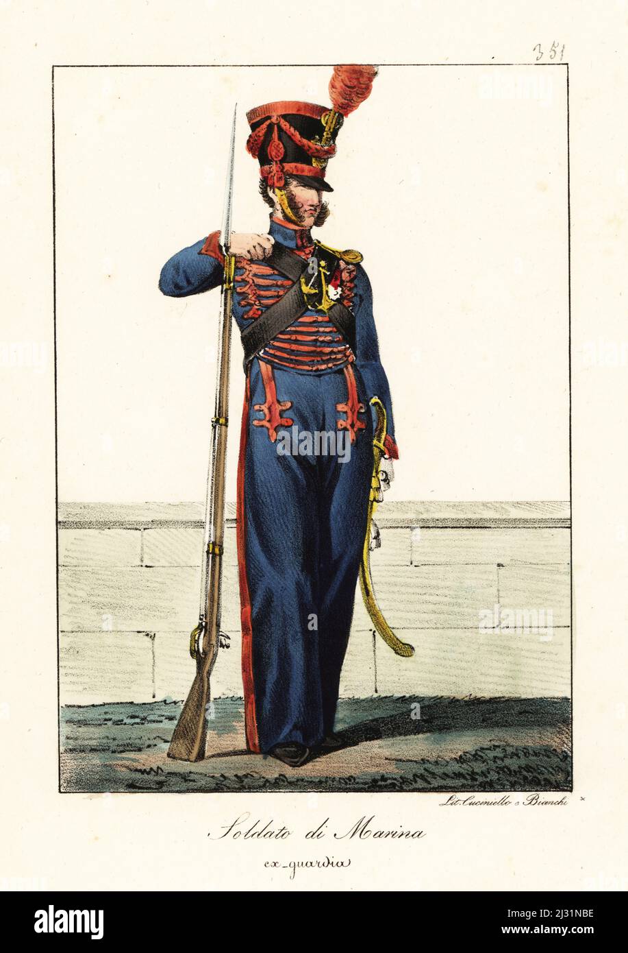 Uniform of a French Marine, Napoleon's army. In shako helmet with brush, blue uniform with scarlet frogging, armed with musket and sabre. Marin, ex-Garde. Handcoloured lithograph by Lorenzo Bianchi and Domenico Cuciniello after Hippolyte Lecomte from Costumi civili e militari della monarchia francese dal 1200 al 1820, Naples, 1825. Italian edition of Lecomte’s Civilian and military costumes of the French monarchy from 1200 to 1820. Stock Photo
