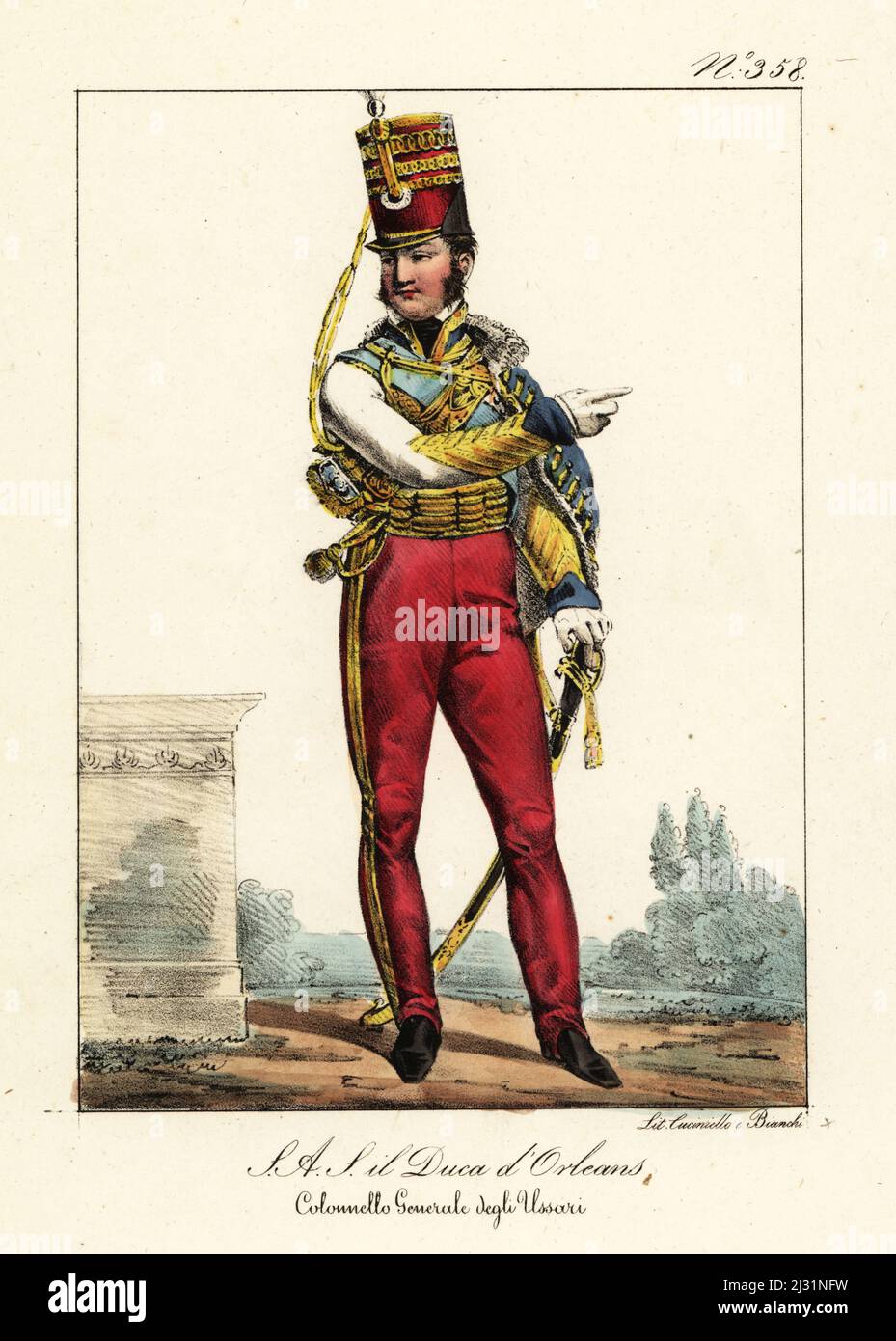 Louis Philippe, 1773-1850, King of the French from 1830 to 1848, last king and penultimate monarch of France. In uniform of a Colonel General in the Hussars. S.A.R. Monseigneur le Duc d'Orleans. Colonel General des Hussards. Handcoloured lithograph by Lorenzo Bianchi and Domenico Cuciniello after Hippolyte Lecomte from Costumi civili e militari della monarchia francese dal 1200 al 1820, Naples, 1825. Italian edition of Lecomte’s Civilian and military costumes of the French monarchy from 1200 to 1820. Stock Photo