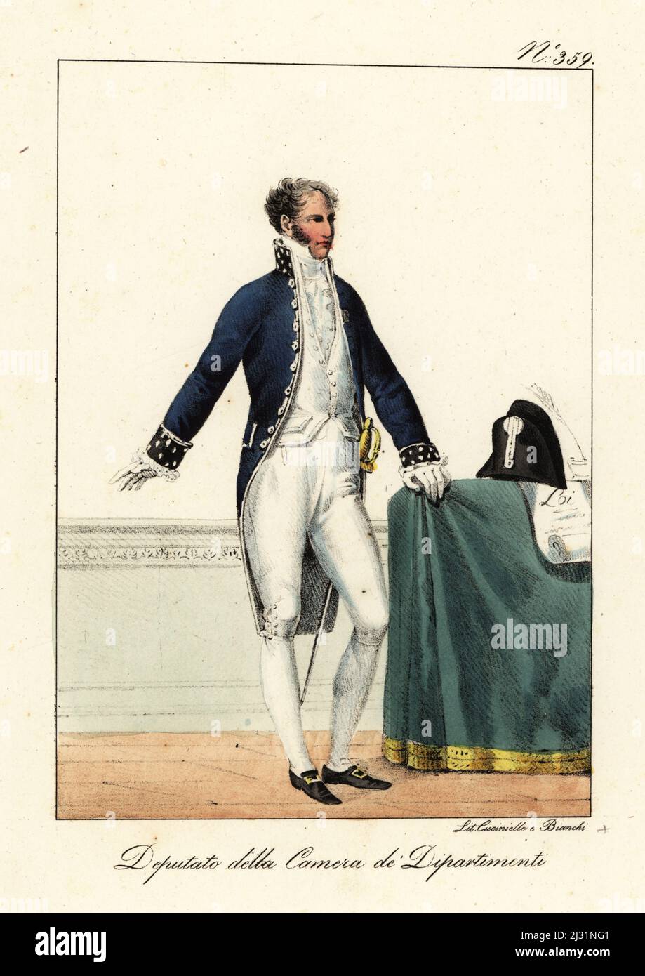 Costume of a member of the Chamber of Deputies of Departments, Bourbon Restoration, 1815. In blue coat with silver collar and cuffs, court sword, bicorne. Depute a la Chambre des députés des départements. Handcoloured lithograph by Lorenzo Bianchi and Domenico Cuciniello after Hippolyte Lecomte from Costumi civili e militari della monarchia francese dal 1200 al 1820, Naples, 1825. Italian edition of Lecomte’s Civilian and military costumes of the French monarchy from 1200 to 1820. Stock Photo