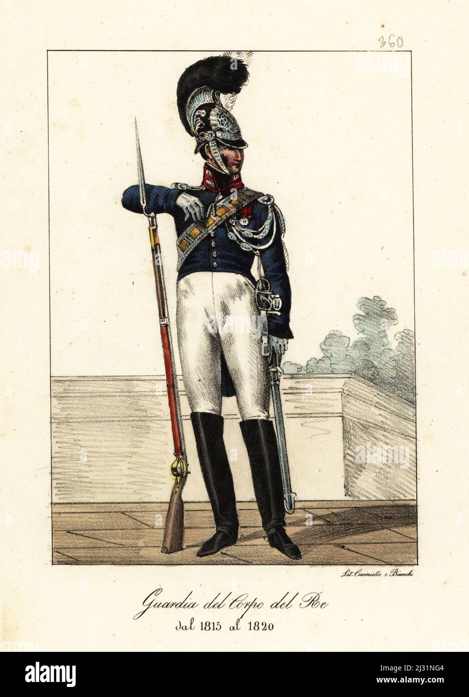 Uniform of the French Life Guards, Bourbon Restoration, 1815-1820. In  dragoon's helmet with brush, blue coat with red collar, breeches, boots,  armed with musket and sword. Garde du Corps du Roi de
