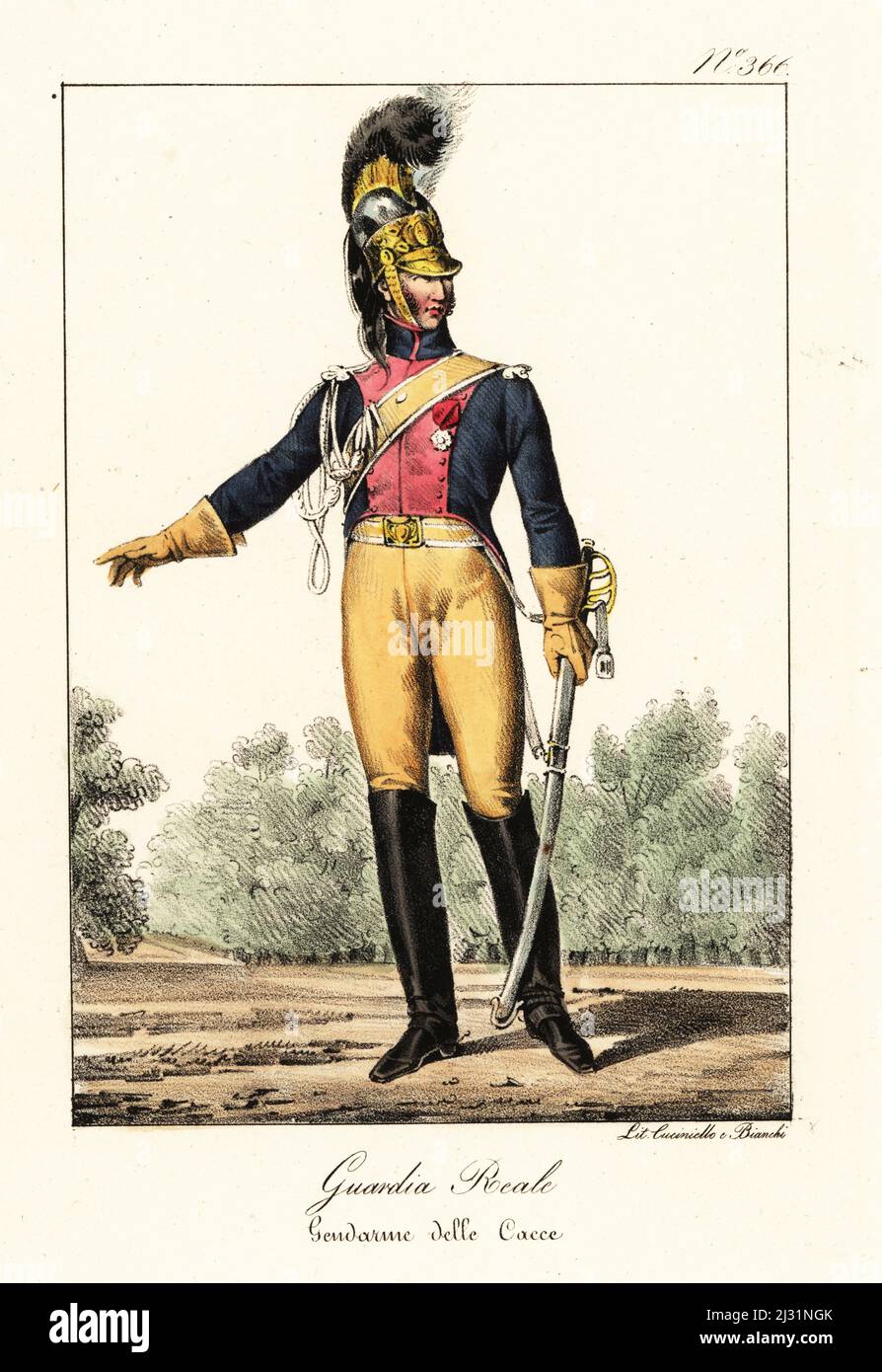 Uniform of a cavalry man of the Royal Guard, Gendarmerie de la Chasse. Guardsman in crested dragoon's helmet,  blue coat, red lapels, buff breeches and gloves, boots and sabre. Bourbon Restoration, 1814. Garde Royale, Gendarme des Chasses. Handcoloured lithograph by Lorenzo Bianchi and Domenico Cuciniello after Hippolyte Lecomte from Costumi civili e militari della monarchia francese dal 1200 al 1820, Naples, 1825. Italian edition of Lecomte’s Civilian and military costumes of the French monarchy from 1200 to 1820. Stock Photo