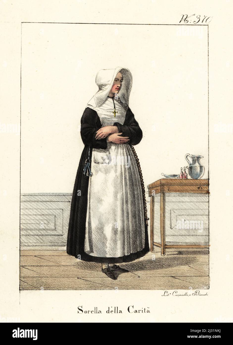 Nun in the robes of the Sisters of Charity, Bourbon Restoration, France. In wimple, black habit, white apron with crucifix and keys. Soeur de la Charite. Handcoloured lithograph by Lorenzo Bianchi and Domenico Cuciniello after Hippolyte Lecomte from Costumi civili e militari della monarchia francese dal 1200 al 1820, Naples, 1825. Italian edition of Lecomte’s Civilian and military costumes of the French monarchy from 1200 to 1820. Stock Photo