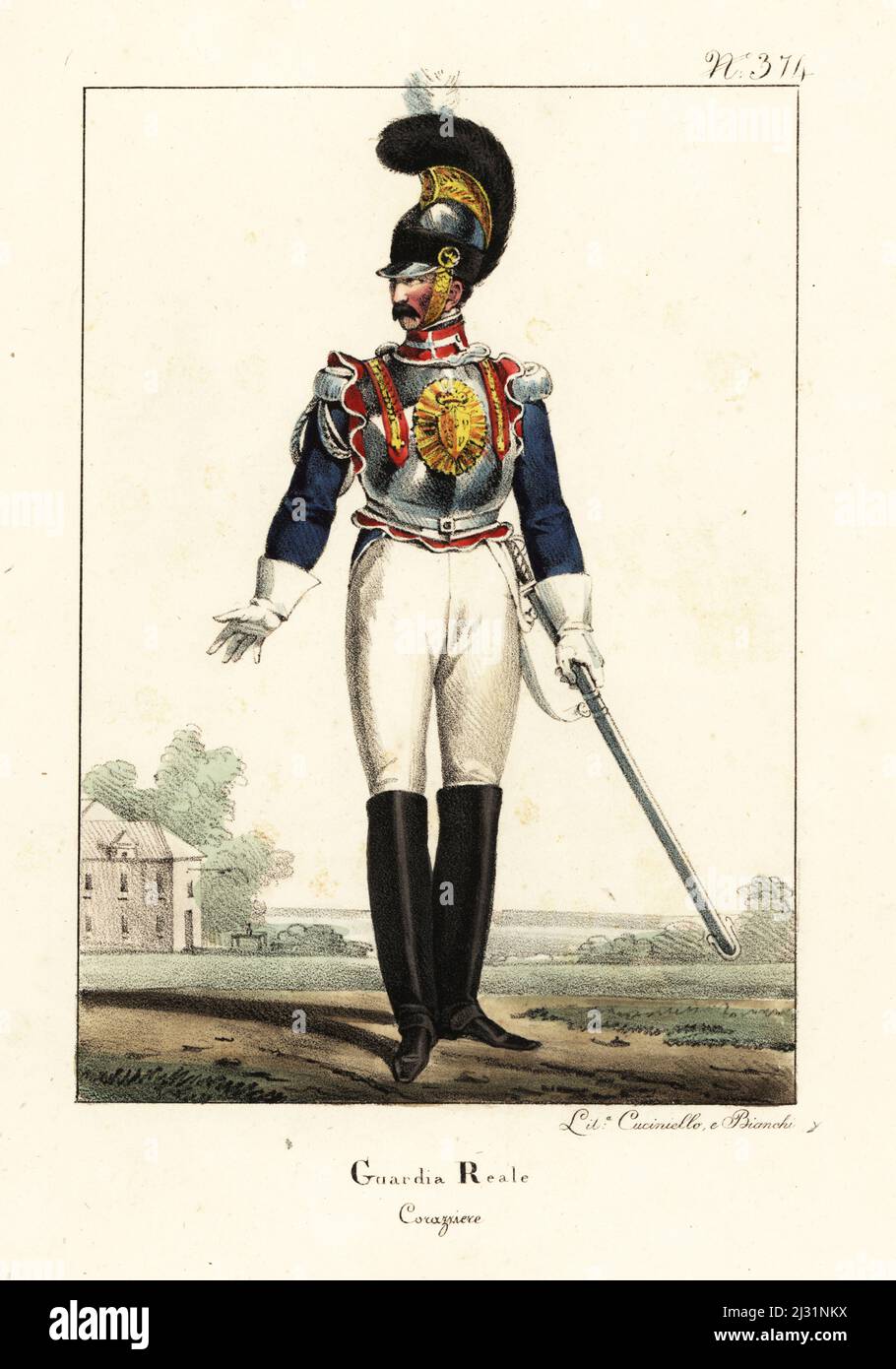 Uniform of a Cuirassier of the French Royal Guard, Bourbon Restoration. In dragoon's helmet with brush, ornate cuirasss, blue coat with silver epaulettes, breeches, boots, armed with sword. Garde Royale, Cuirassier. Handcoloured lithograph by Lorenzo Bianchi and Domenico Cuciniello after Hippolyte Lecomte from Costumi civili e militari della monarchia francese dal 1200 al 1820, Naples, 1825. Italian edition of Lecomte’s Civilian and military costumes of the French monarchy from 1200 to 1820. Stock Photo
