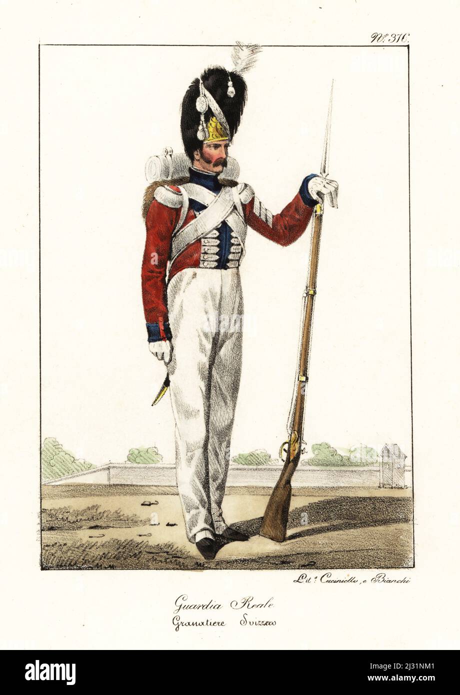 Grenadier in the Swiss Guard, French Royal Guard, Bourbon Restoration. In bearskin with brush, red coat with frogging and epaulettes, white pantalons, armed with musket and bayonet. Garde Royale. Grenadier Suisse. Handcoloured lithograph by Lorenzo Bianchi and Domenico Cuciniello after Hippolyte Lecomte from Costumi civili e militari della monarchia francese dal 1200 al 1820, Naples, 1825. Italian edition of Lecomte’s Civilian and military costumes of the French monarchy from 1200 to 1820. Stock Photo