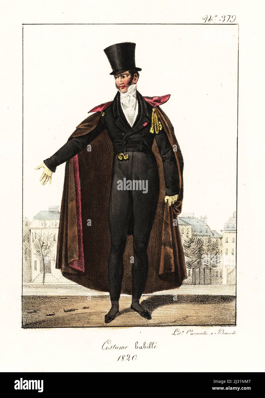 Fashionable gentleman in formal outfit, Bourbon Restoration. In top hat,  cravate, velvet cape with gold chain, black coat, breeches and hose.  Costume Habille. 1820. Handcoloured lithograph by Lorenzo Bianchi and  Domenico Cuciniello