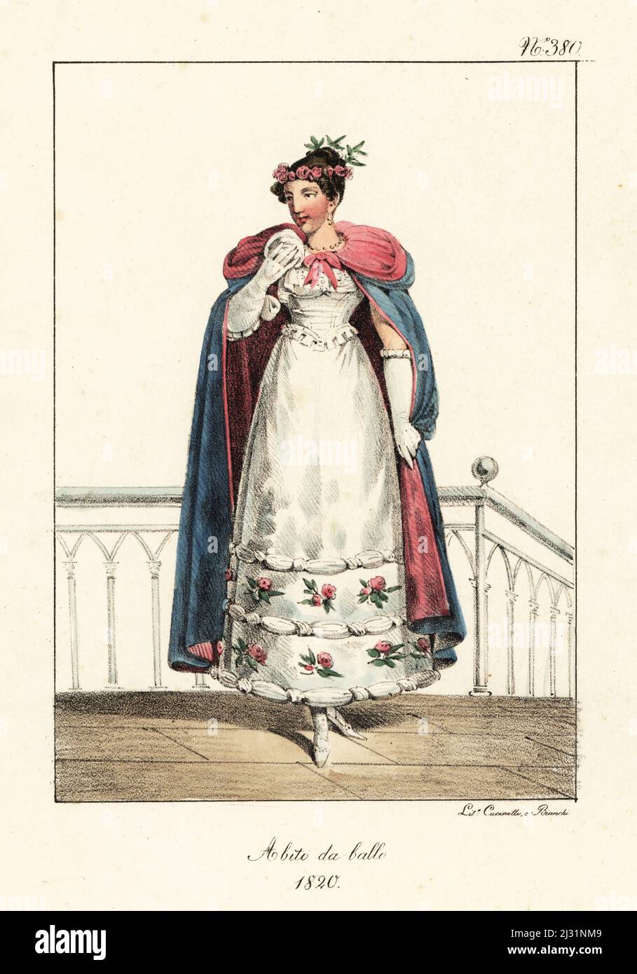 Fashionable French woman in ball gown, 1820. In floral headdress, velvet cape, white dress decorated with embroidered roses and ribbons. Costume du Bal. Handcoloured lithograph by Lorenzo Bianchi and Domenico Cuciniello after Hippolyte Lecomte from Costumi civili e militari della monarchia francese dal 1200 al 1820, Naples, 1825. Italian edition of Lecomte’s Civilian and military costumes of the French monarchy from 1200 to 1820. Stock Photo
