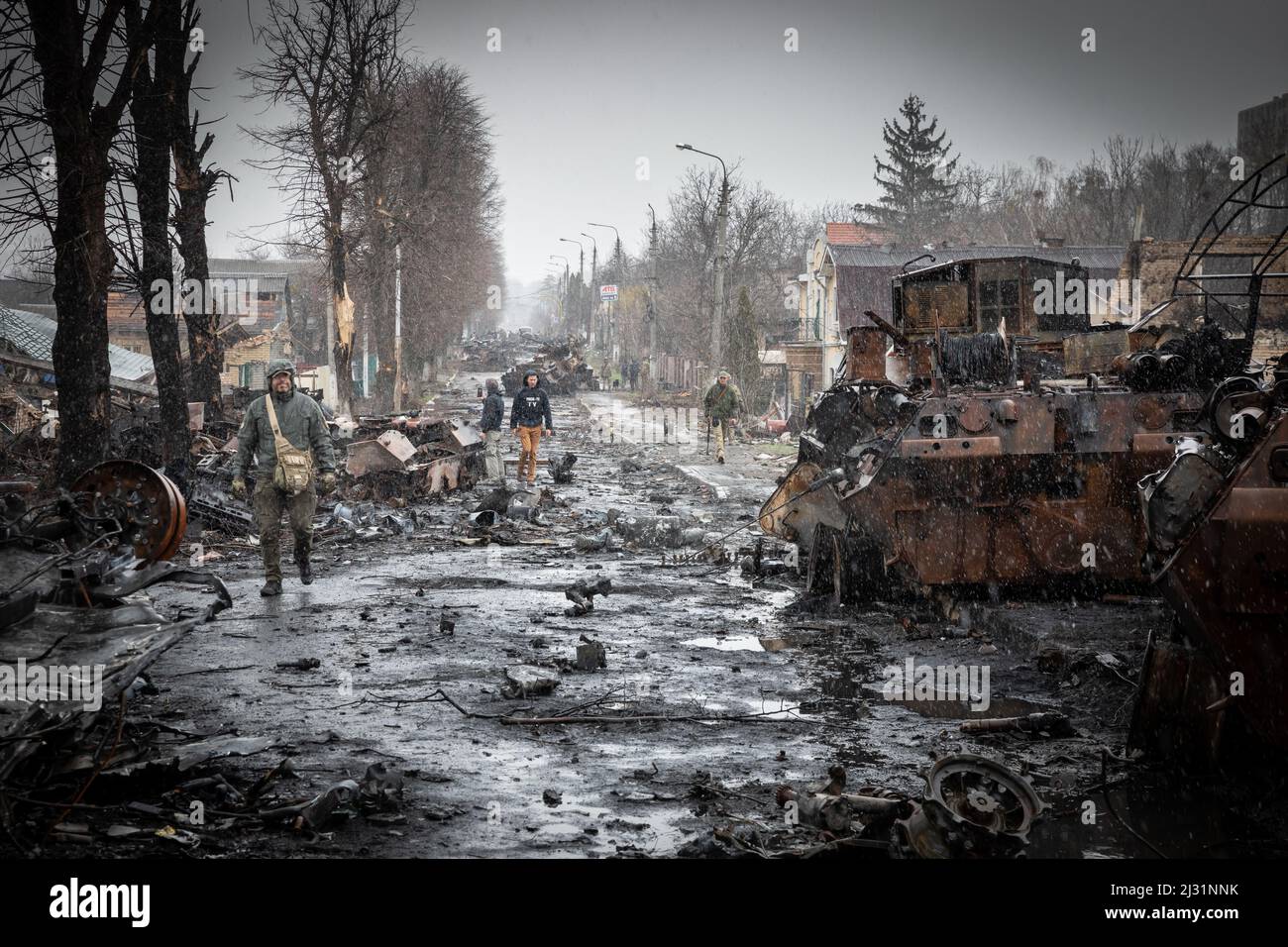 Street littered with the wreckage of military equipment in Bucha, Ukriane, pictured 4.4.2022 (CTK Photo/Vojtech Darvik Maca) Stock Photo