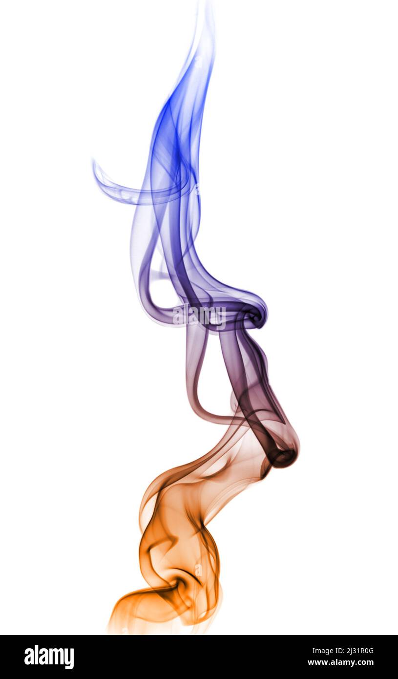 Blue and orange smoke on a white background Stock Photo - Alamy