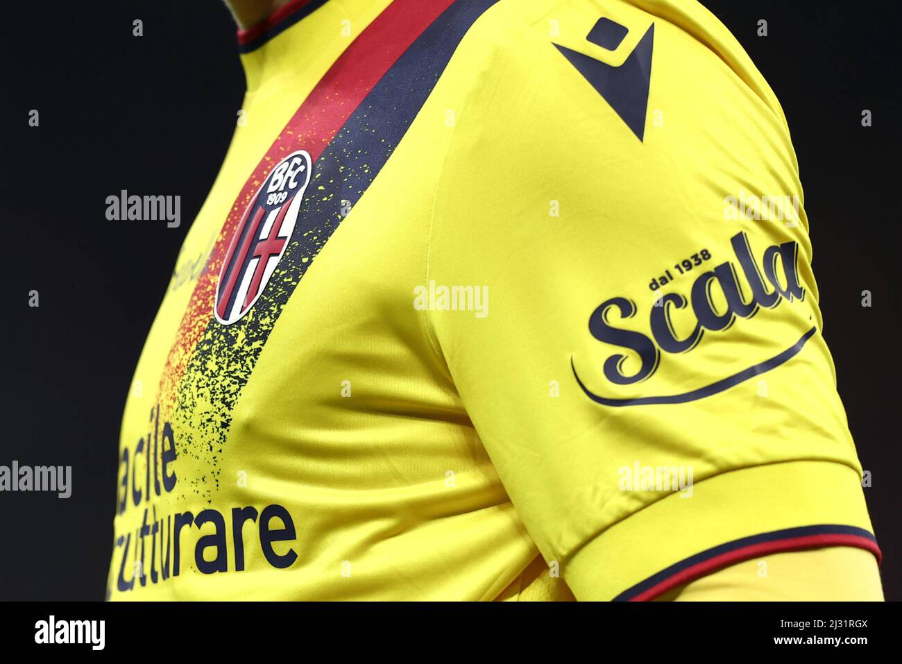 April 4, 2022, Milan, Italy: Milan, Italy, San Siro stadium, April 04,  2022, Detail of the Bologna FC jersey during AC Milan vs Bologna FC -  italian soccer Serie A match. (Credit