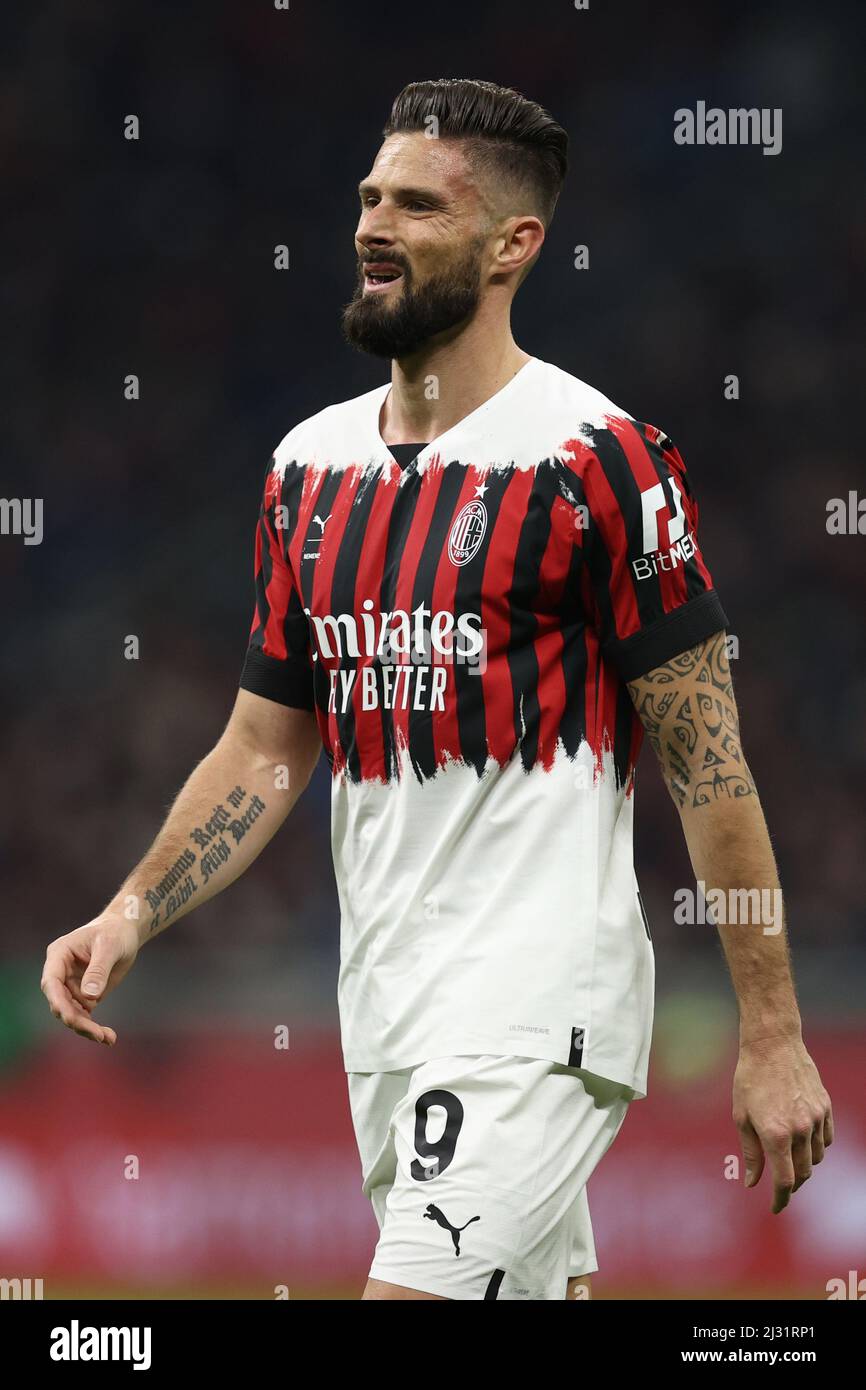 Olivier Giroud of AC Milan with AC Milan new jersey during the Serie A 2021/ 22 football match between AC Milan and Bologna FC at Giuseppe Meazza  Stadium, Milan, Italy on April 04