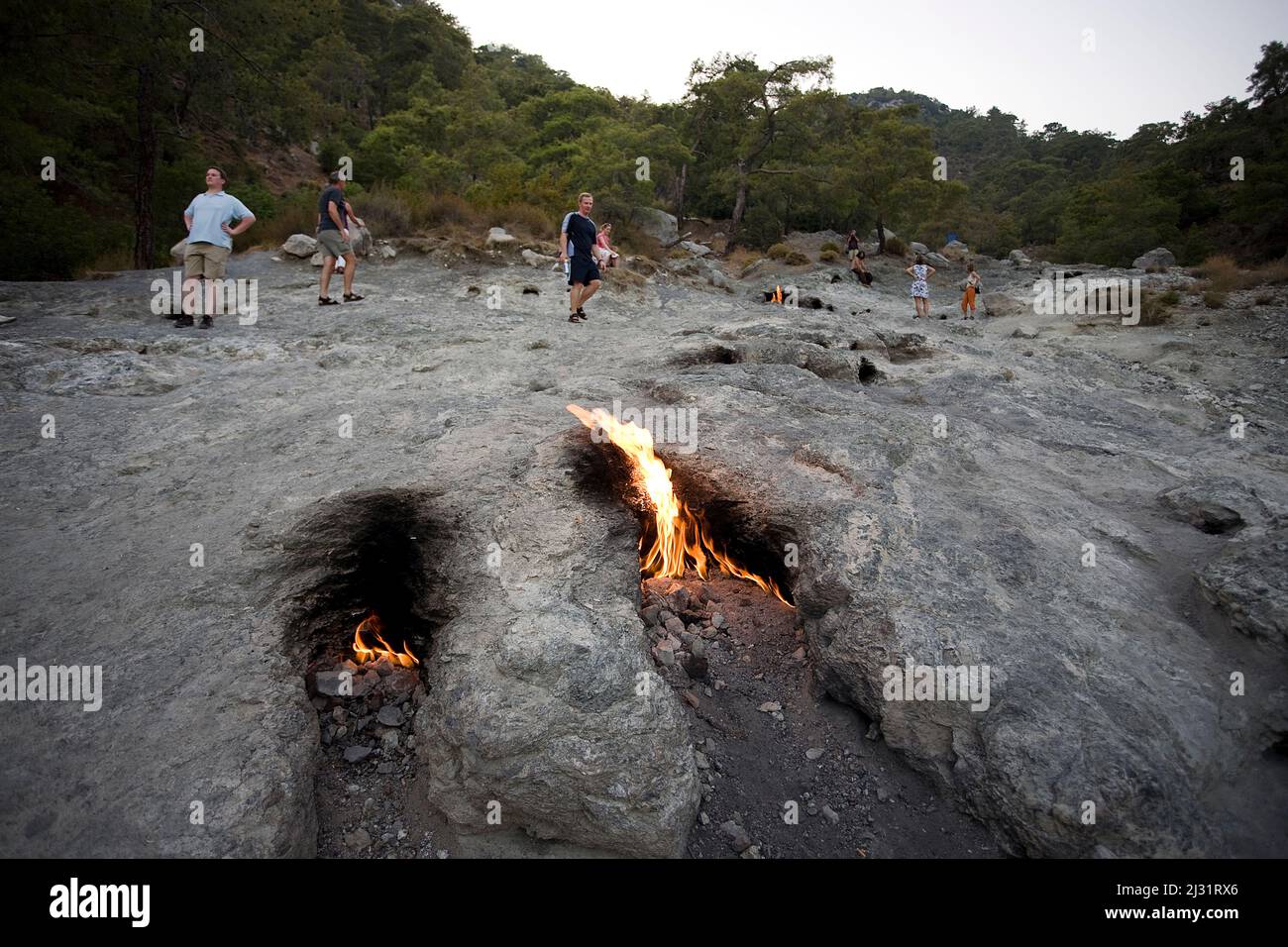 Chimaera flames, Mount Olympos, methane emissions which burning since the 4th century, Olympos national park, Cirali, Lykia, Turkey, Mediteranean sea Stock Photo