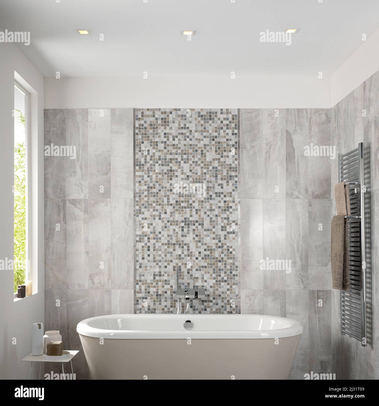 Modern bathroom with elegant tiles, seamless design, luxurious interior ...