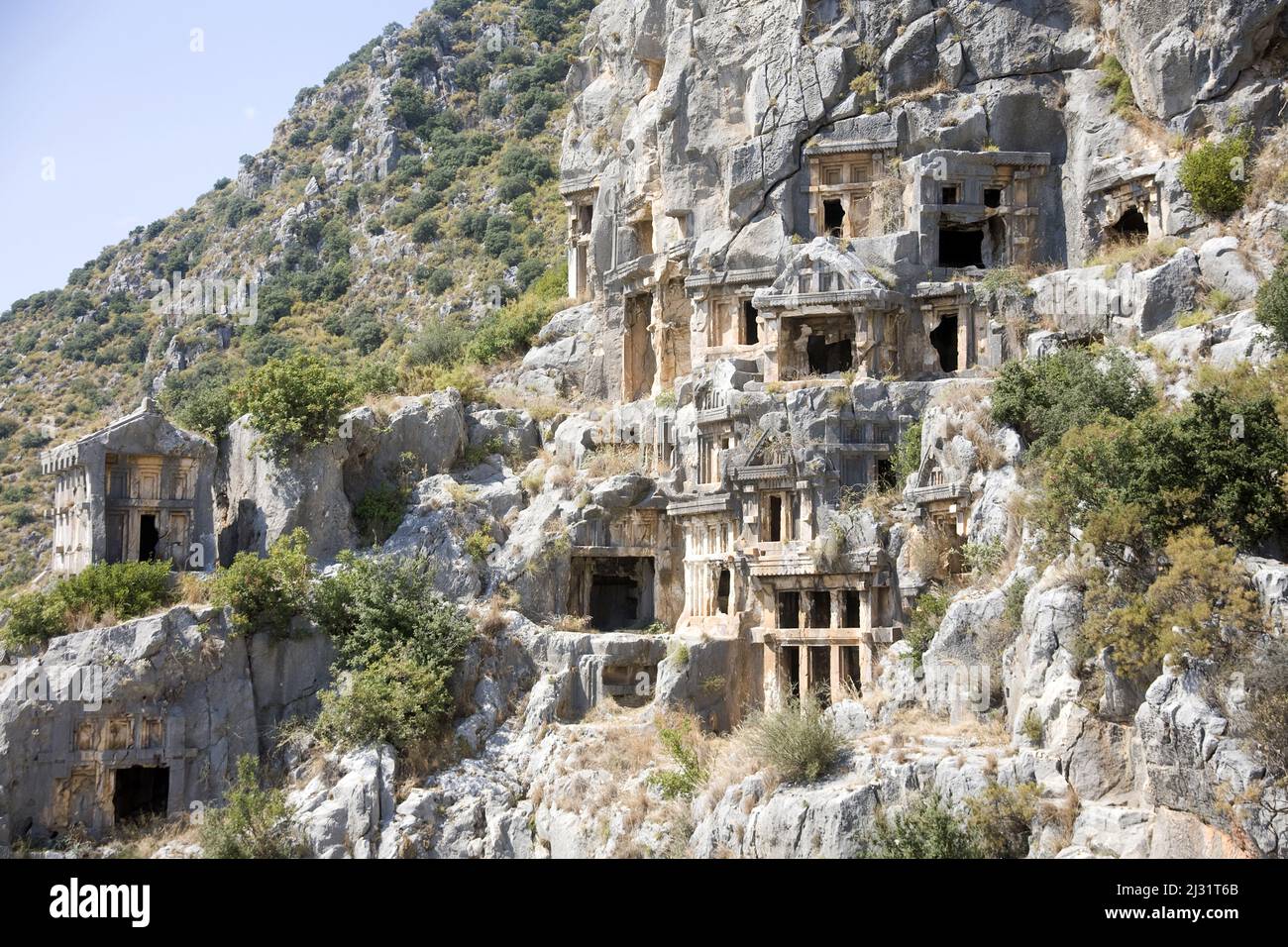 Antiqe rock tombs of Myra, Demre, Anatolia, ancient Lycia Region, Turkey, Mediterranean Sea Stock Photo