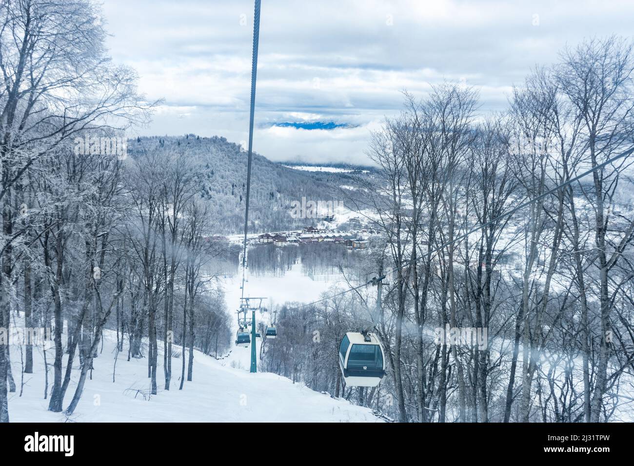 Ropeway on the Barukiani slope for skiing and skiers, Bakuriani, February 2022, Georgia Stock Photo