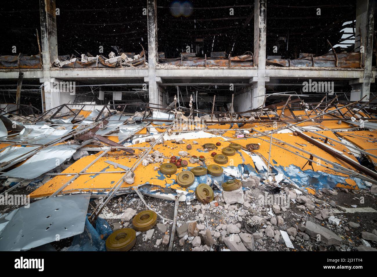 scattered mines before the bombing of the mall in Bucha, Ukraine, pictured 4.4.2022 (CTK Photo/Vojtech Darvik Maca) Stock Photo