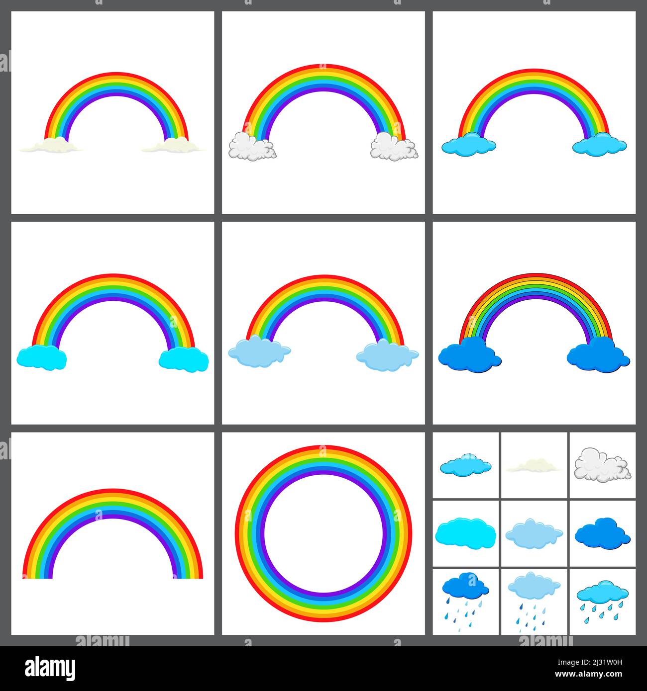 Rainbow arc with clouds. 7 colors spectrum. Vector illustration isolated on white. Stock Vector