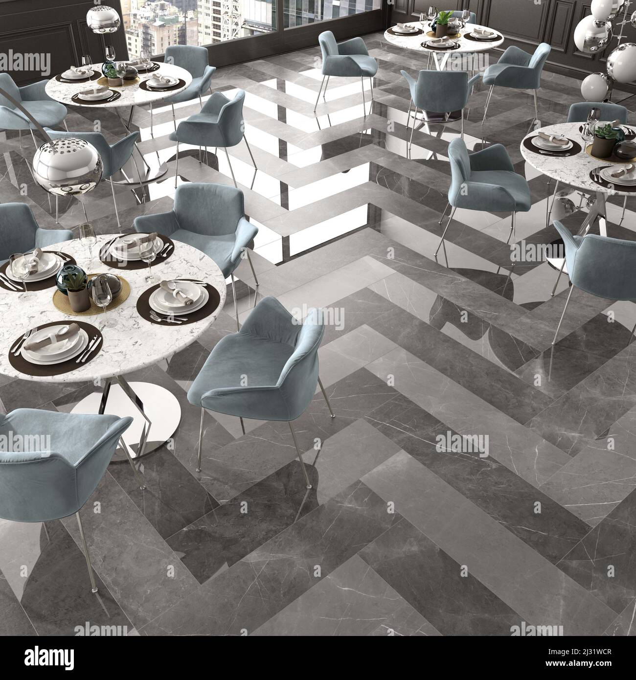 Modern interior design of restaurant, seamless table and chairs