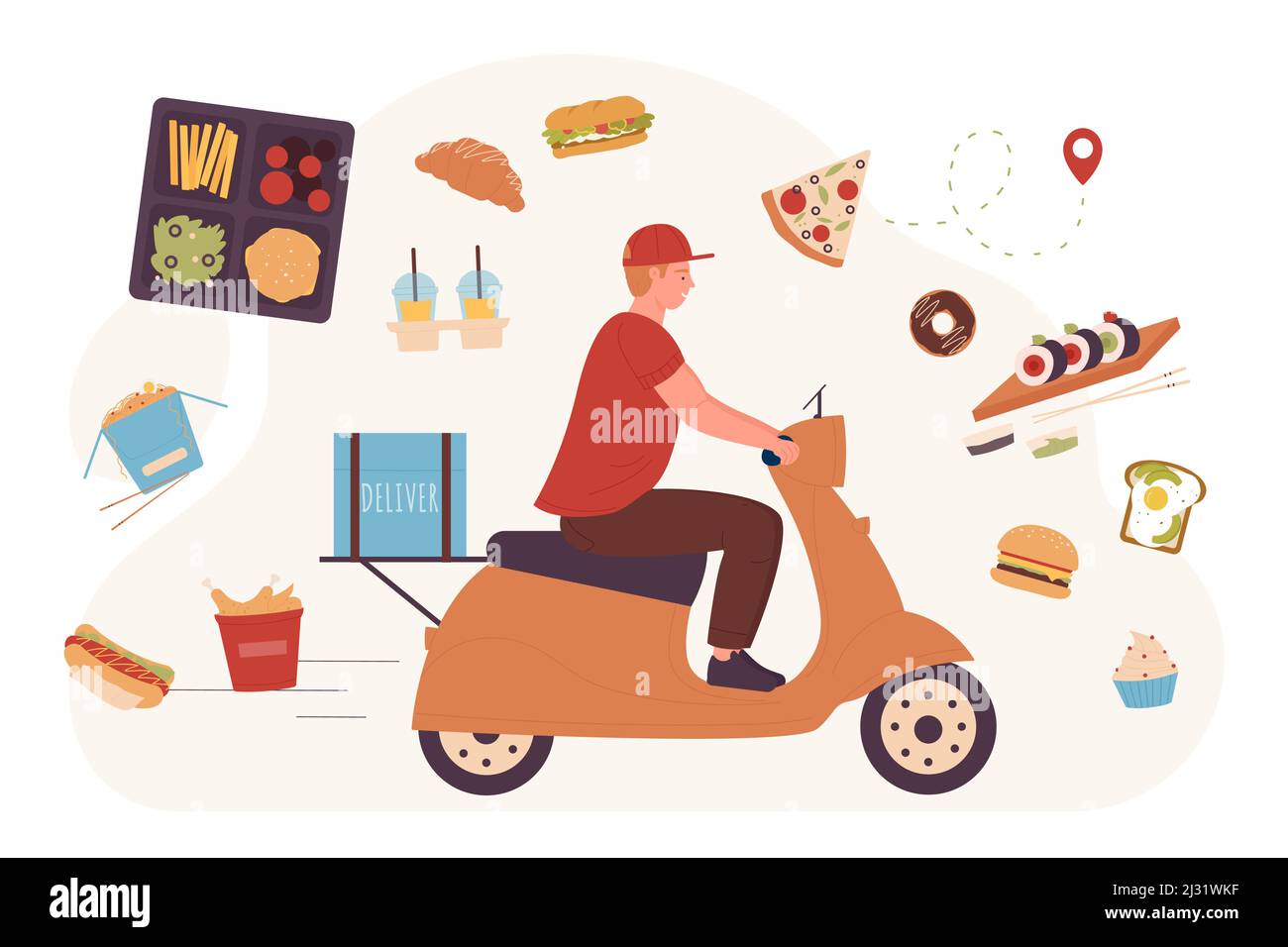 Food delivery of takeaway orders, fast food and products by deliveryman on moped. Cartoon courier delivering box on motor scooter flat vector illustration. Address mobile delivery to door concept Stock Vector