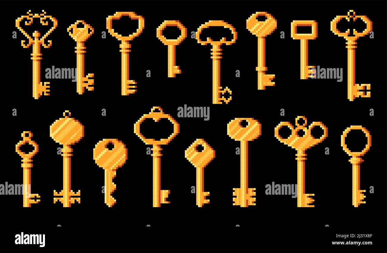 Vintage and modern keys in pixel art, 8bit game vector icons of door keys. 8 bit pixel cubic