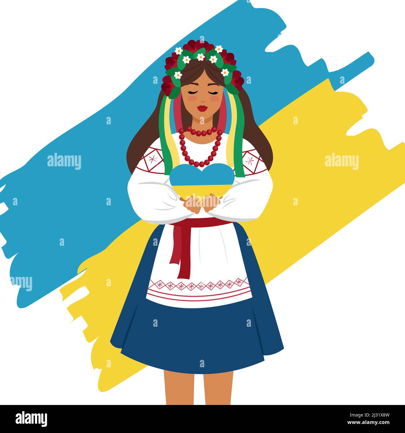 Ukrainian girl in national clothes on the background of the Ukrainian flag holds a yellow-blue heart in his hands. Vector illustration Stock Vector