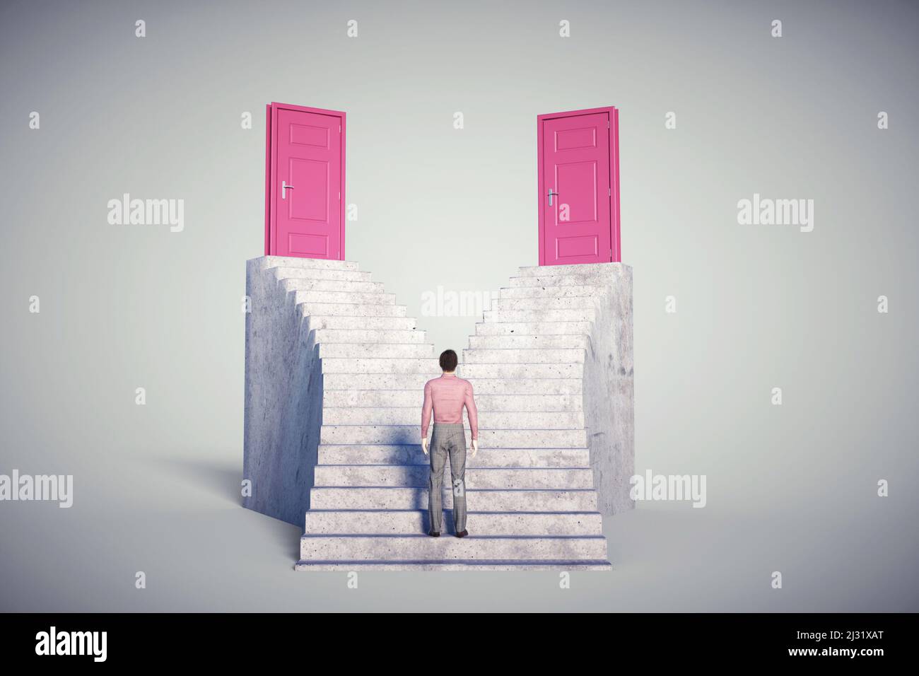 Man between two different paths with doors. Difficult choice and