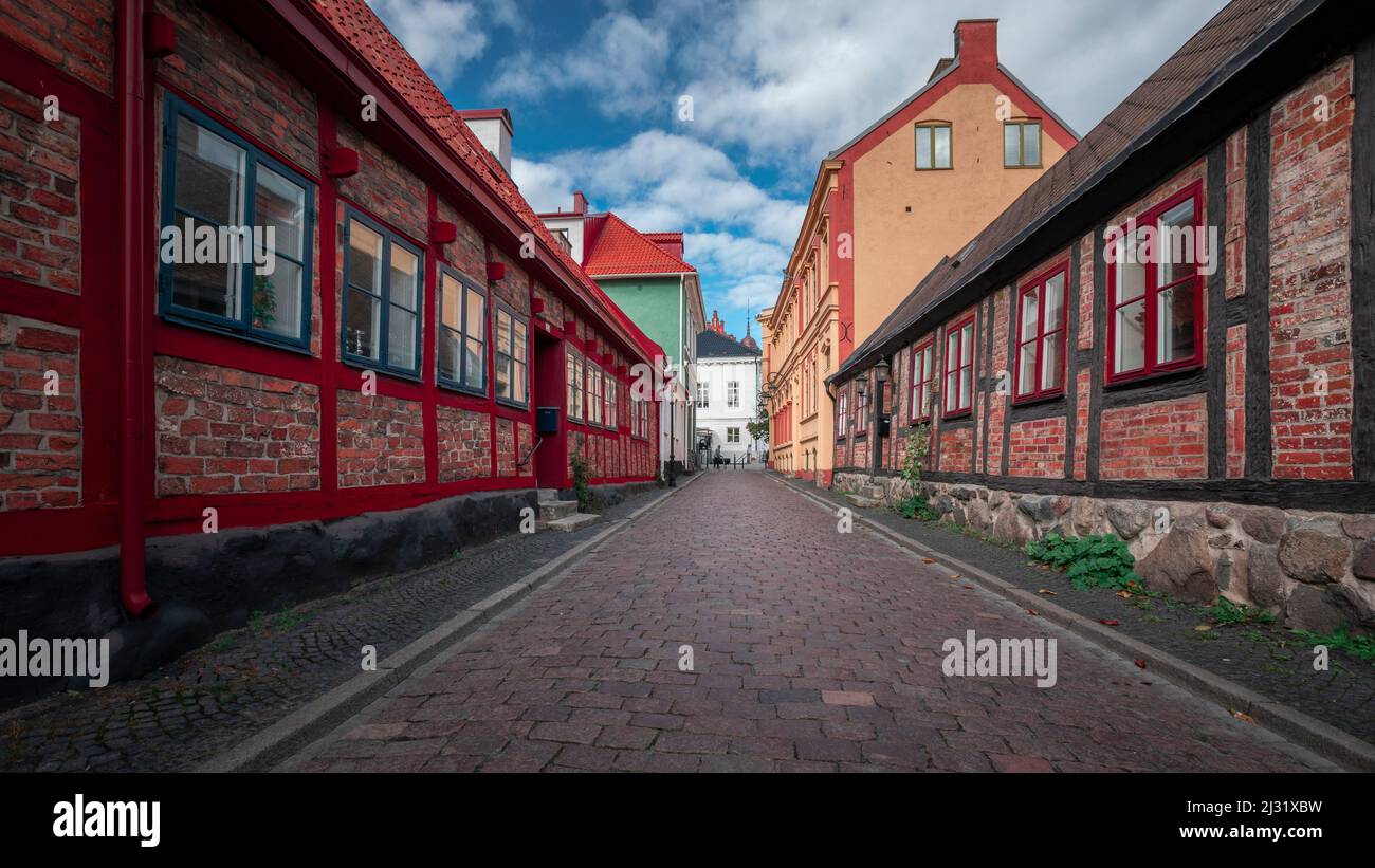 House facades and street in Ystad in Sweden Stock Photo