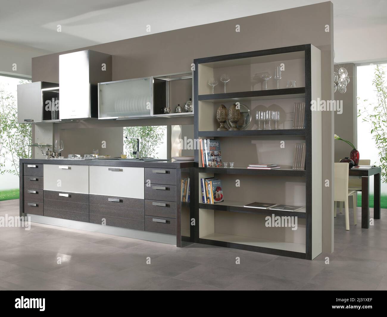 Modern interior design of kitchen with elegant gray tiles, seamless ...
