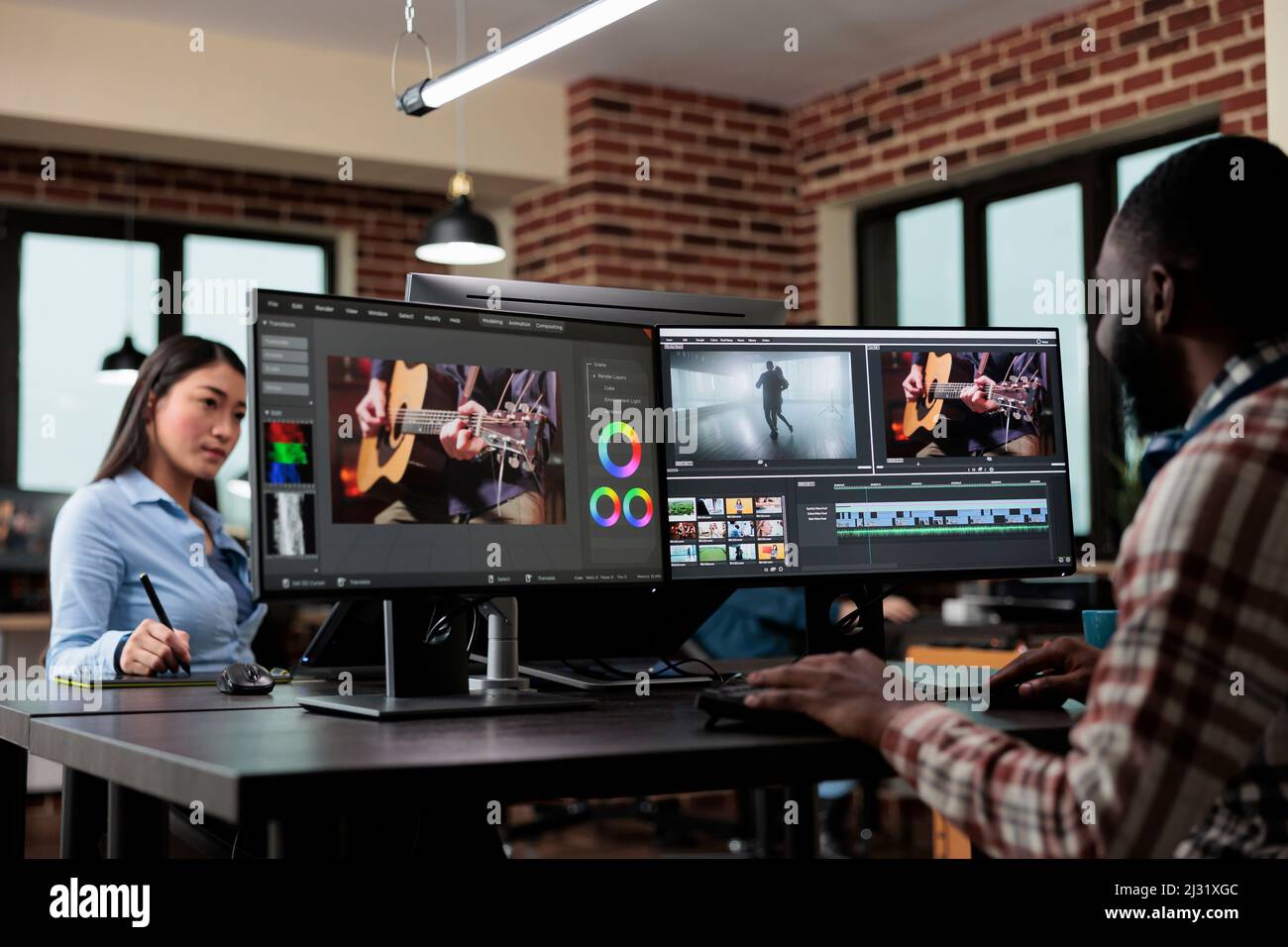 Creative agency professional employee editing movie footage using