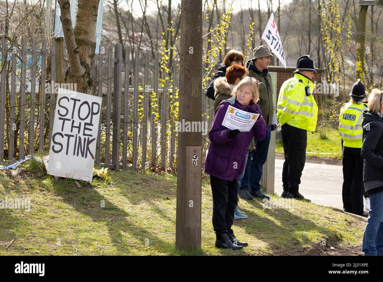 protesters demonstrating outside of walleys quarry waste landfill site Silverdale because of the rotten smell hence 'stop the stink' campaign Stock Photo