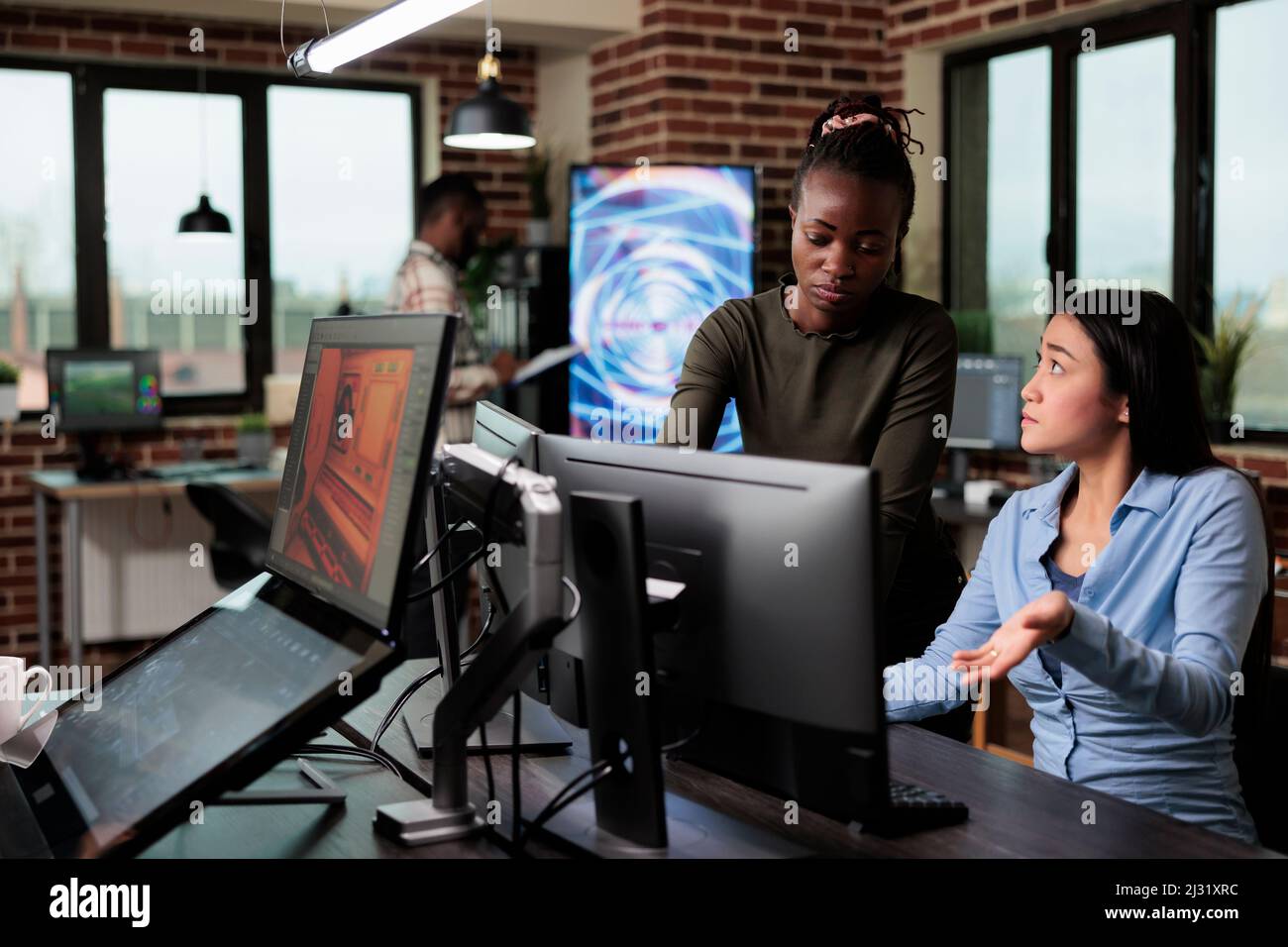 3D graphic diverse artists in office workspace conversating about