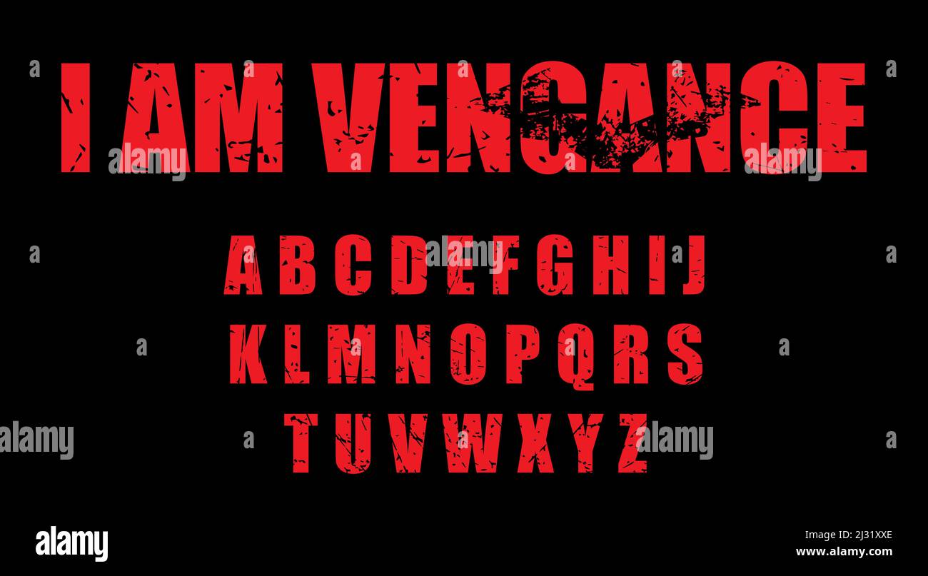 Vigilante Font. Alphabet in grunge 90s style. Bloody red letters. Typography for crime, drama and movies. Stock Vector