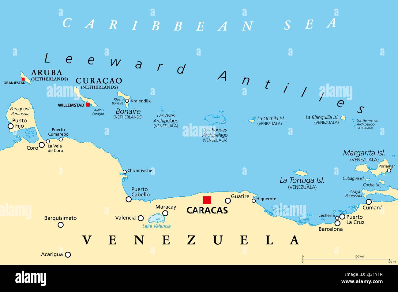 Leeward Antilles political map. Chain of islands in the Caribbean. From Aruba, Curacao and Bonaire to La Tortuga and Margarita Island. Stock Photo
