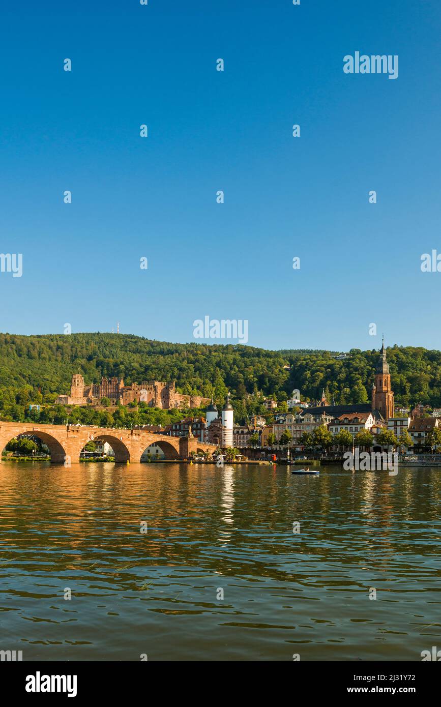 Old bridge over the Neckar with castle and old town, Heidelberg, Baden-Württemberg, Germany Stock Photo