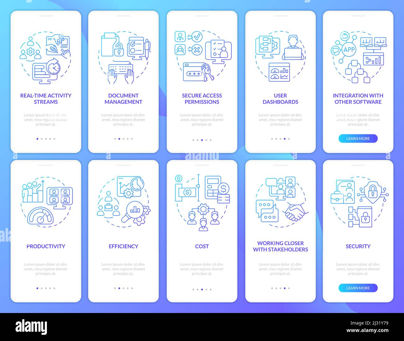 Online workplace blue gradient onboarding mobile app screen set Stock Vector